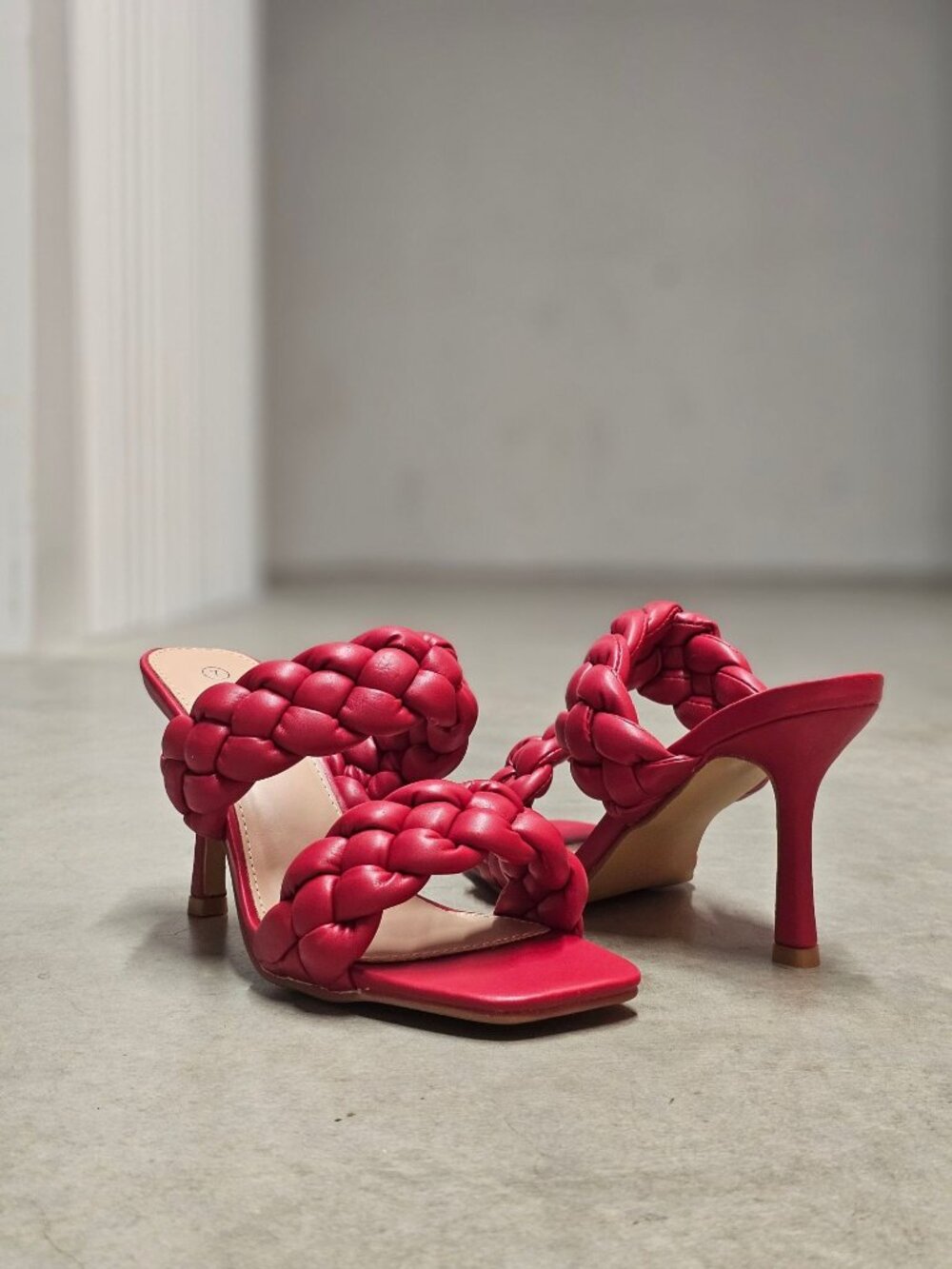 Braided Red High Heel Slide Sandals With Square Toe & Double Strap Design